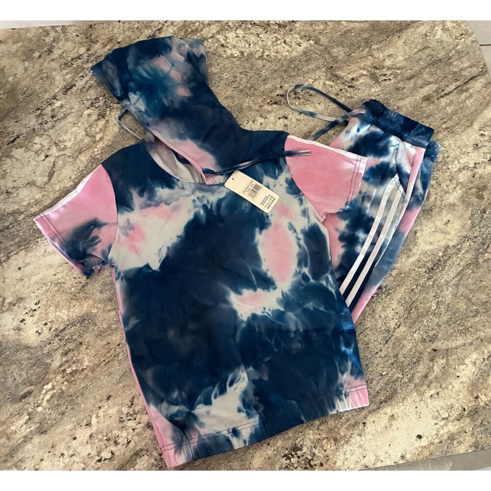 Yuna Tie Dye Short Sleeve Hoodie & Jogger Set Navy Blue Pink